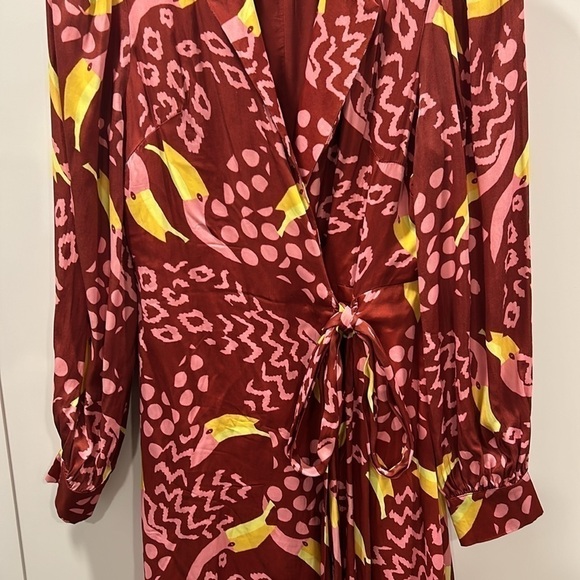 Farm Rio Toucanissimo Long Sleeve Print Beaded Tie Wrap Dress SMALL - Picture 8 of 16